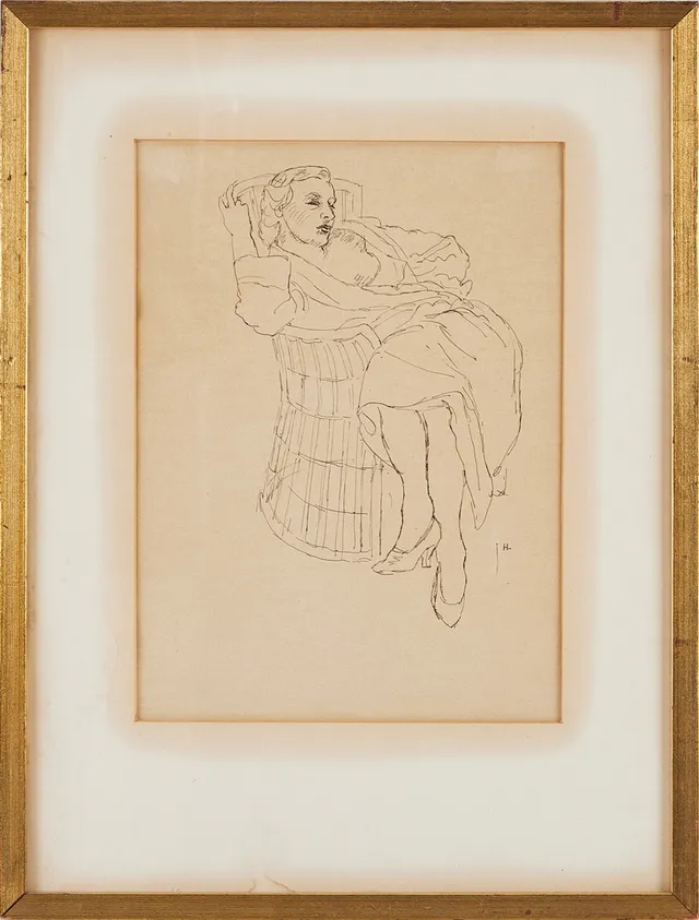 HILDING LINNQVIST. Kvinna i fåtölj, tusch på papper, monogramsignerad.