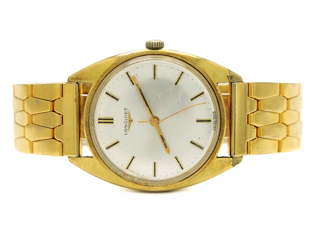 LONGINES, herrur, 35 mm, Cal 284, Serie nr. 13973269, Boett nr. 7911-1, doublé (20 micron), manuell, plexiglas, skadad urtavla, skadad boett, ca 1966, metallänk ej original. — Klockor/Longines — Kaplans