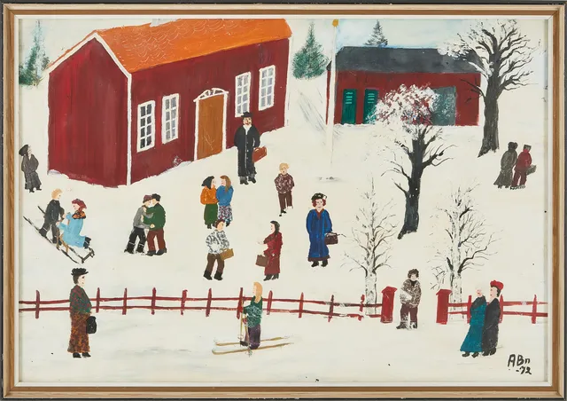 AXEL BENGTSSON. Skolrast i vinterlandskap. gouache, monogramsignerad, daterad -72.