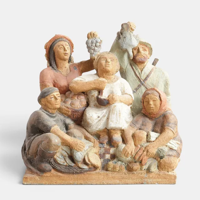 KARL OTTO JOHANSEN (1918-2010). Figurgruppe af stentøj dekoreret med grøn, brunlig og hvid glasur med sorte og blå elementer. Sign. og dateret, K. Otto, 78. Udført og stemplet hos Bing & Grøndahl. Unik.
