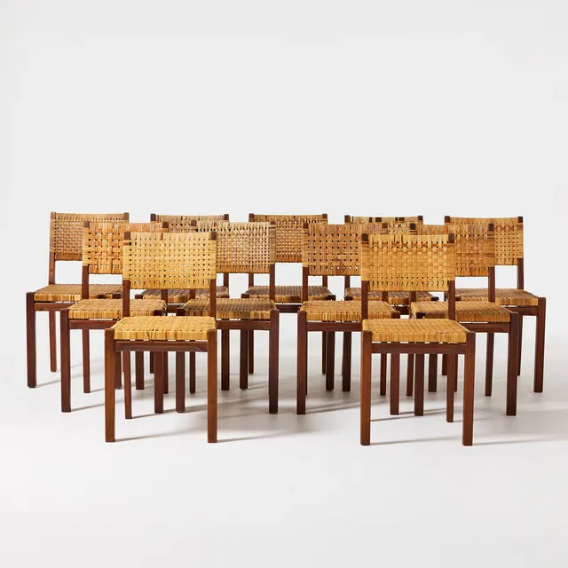 AINO AALTO. Stolar, 11 stycken, Artek, Finland, modell 615, teak med sitsar i flätad rotting.