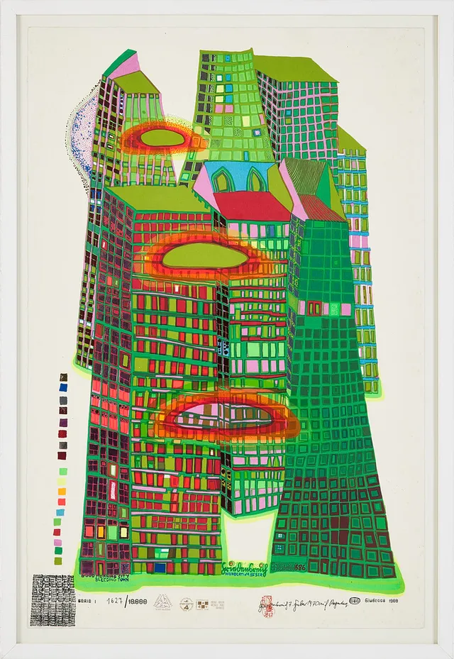 FRIEDENSREICH HUNDERTWASSER (ÖSTERRIKE, 1928-2000). Good morning city, Bleeding town. 1969-70 Färgserigrafi med metallprägling.