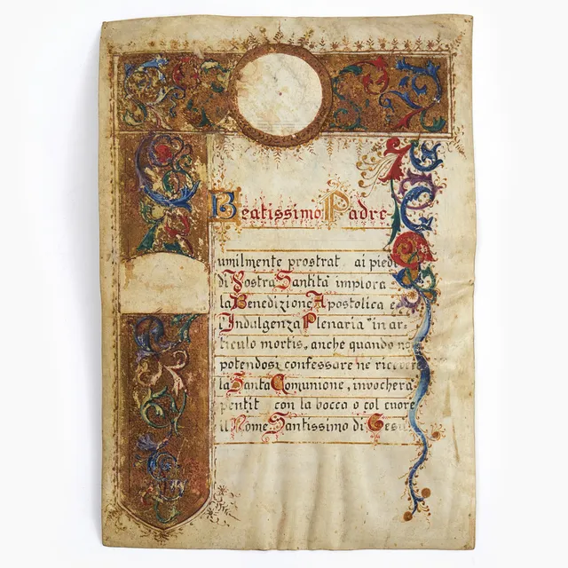 PERGAMENTBLAD ur illuminerad handskrift, "Beatissimo Padre".