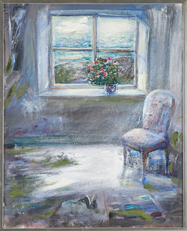 ROLF ERLING NYGREN. Interiör med blommor i vas och stol, olja på duk, signerad.
