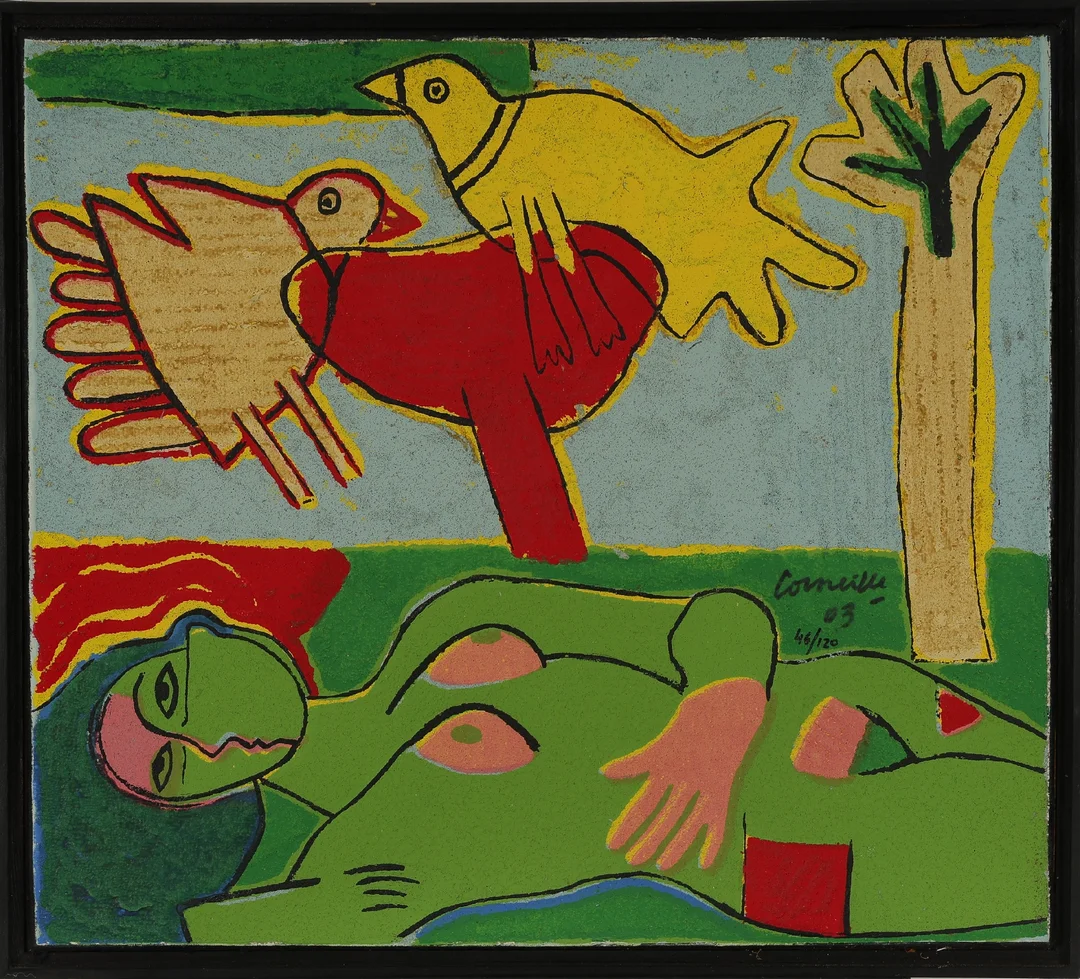 Corneille (Guillaume Cornelis van Beverloo, 1922-2010): Figural scenery with woman, bird and cat. Terragrafi, 2003. — Paintings and sculptures/Prints and photography — Lauritz