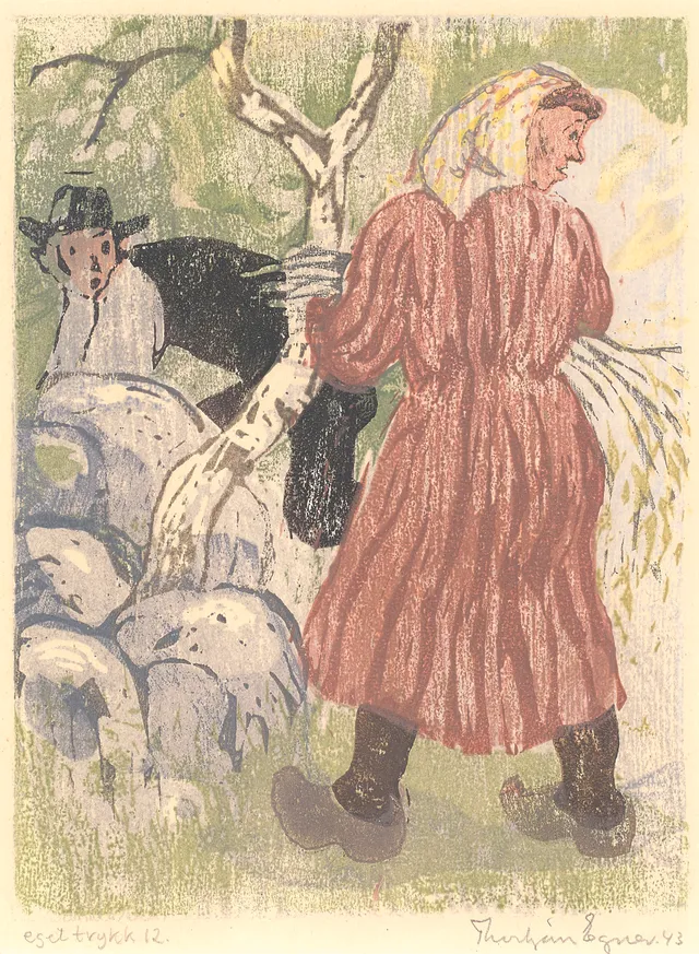 Egner, Thorbjørn — "Jon og Marta sanker løv høyt oppe i uren" 1943