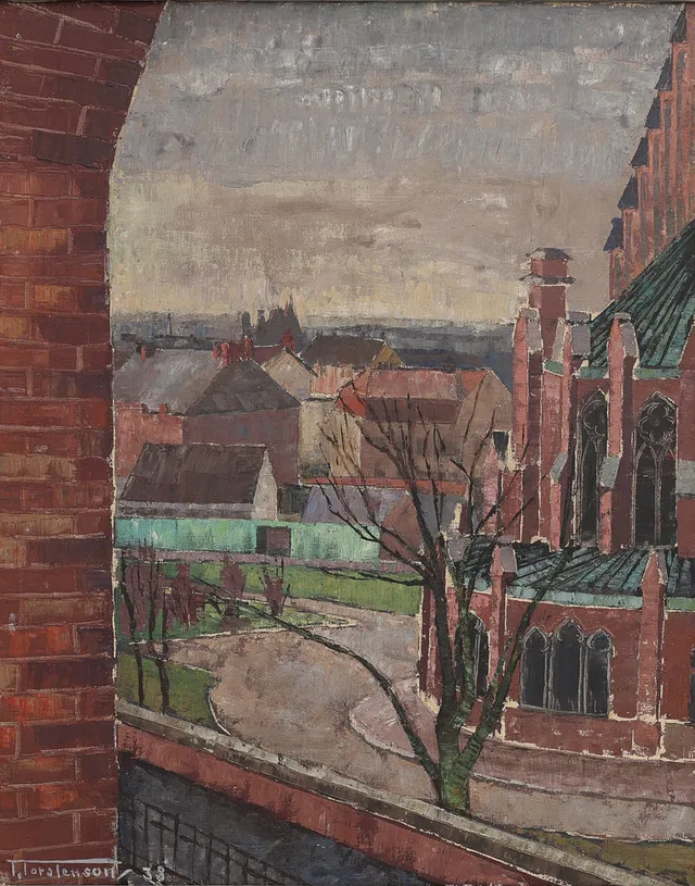 TORSTEN TORSTENSSON (1901-1974). "GRÅVÄDER, LUND", 1938, MED ALLHELGONAKYRKANS ABSID.