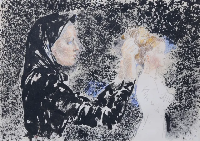 PERE PRUNA. Woman combing a girl's hair.