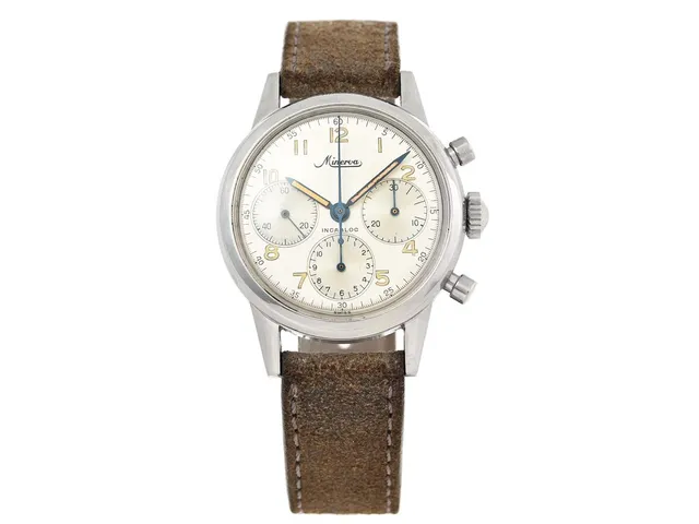 MINERVA, "Incabloc", "Swiss", kronograf, herrur, 36 mm, Cal Valjoux 72, Ref nr. VD 712, Boett nr. 427761, stål, manuell, plexiglas, läderband, ca 1965.