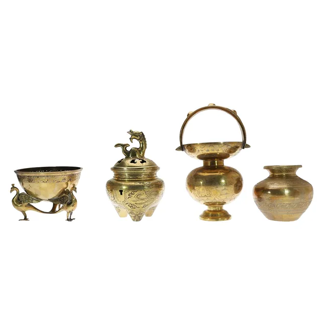 CHINESE BRASS CENSER, INDIAN BOWL, AND OTHER ITEMS. (4).