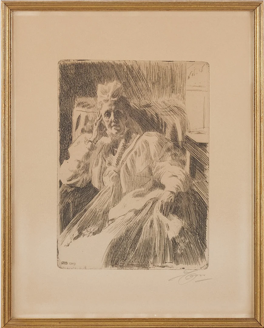 ANDERS ZORN. "Änkedrottning Sophia", etsning, 1909, signerad med blyerts. — Engravings & Prints — Stockholms Auktionsverk Magasin 5