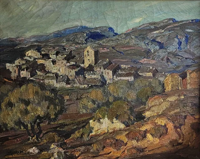 JOSEP SERRASANTA. Pueblo de los pirineos, óleo sobre lienzo.