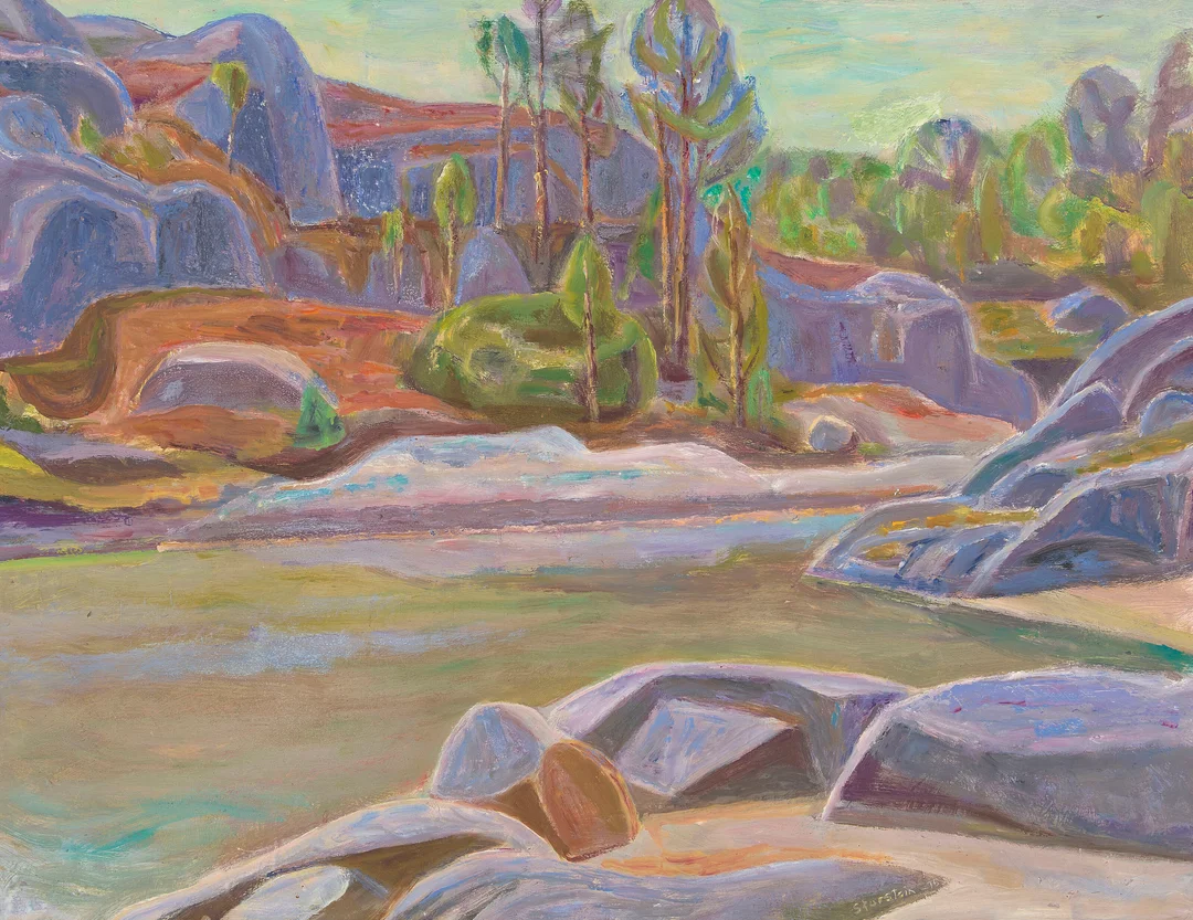 Storstein, Aage — "Gråvær - Fra stranden mot Runsholmen" 1975 — Kunst/Maleri — Blomqvist