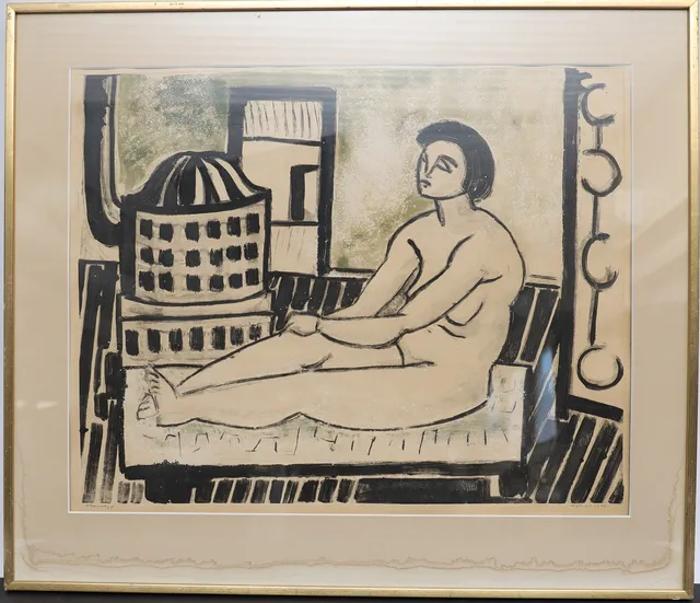 OIDENTIFIERAD KONSTNÄR. Kvinna vid kamin, blandteknik, otydligt signerad och daterad 1950.