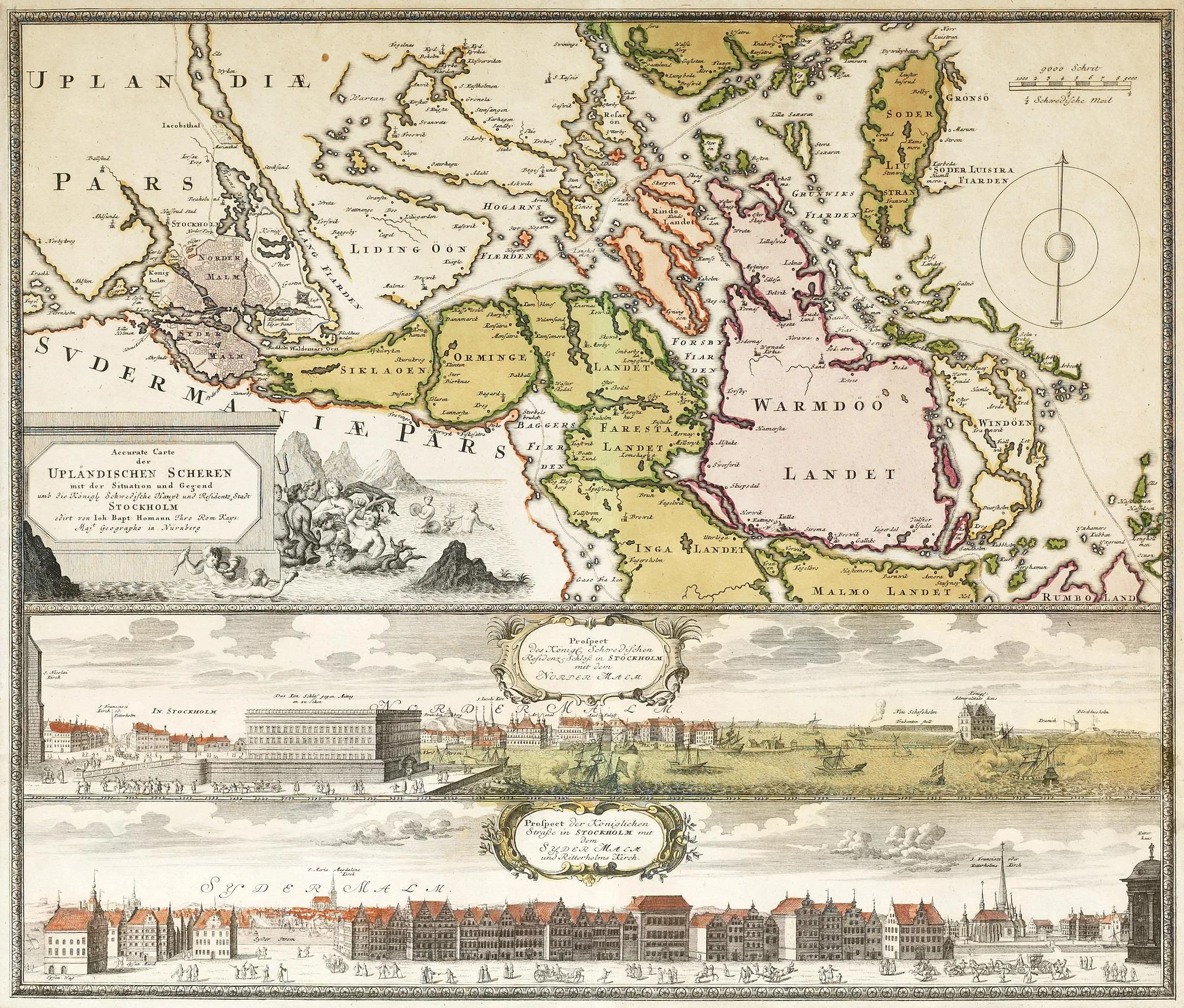Johann Baptist Homann, Accurate Carte der Upländischen Scheren mit der Situation und gegend umh die königl Schwedische Haupt und Residentz Stat Stockholm. — Bukowskis