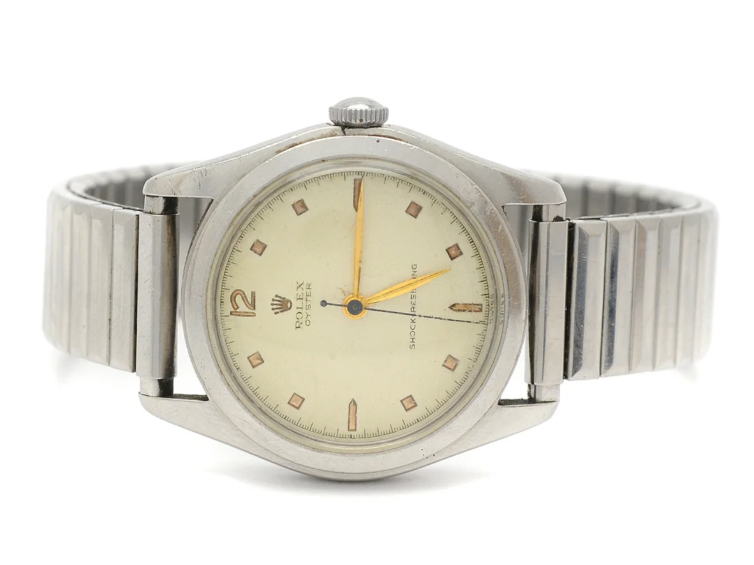 ROLEX, Oyster, Ref nr. 6082, Serie nr. 811252, Cal 710, Boett nr. 6082, herrur, 34,5 mm, stål, manuell, plexiglas, skadad urtavla, ca 1953, metallänk ej original. — Klockor/Rolex — Kaplans