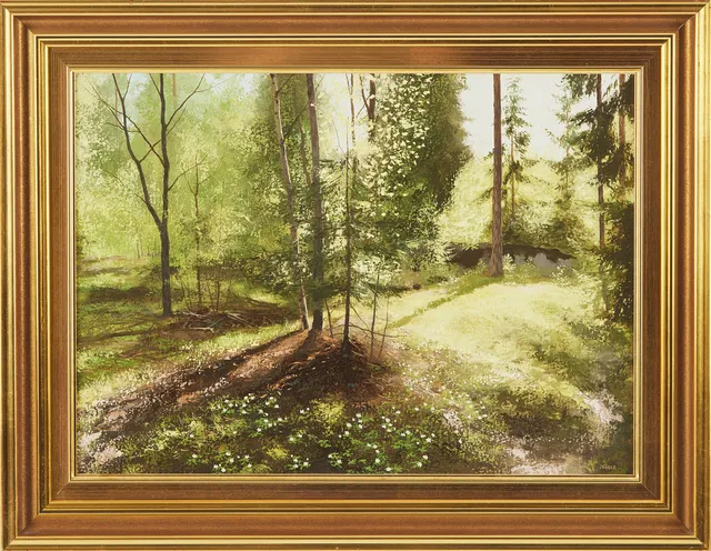 MATS NÖRLE. "Våren i skogen", olja på pannå, signerad.