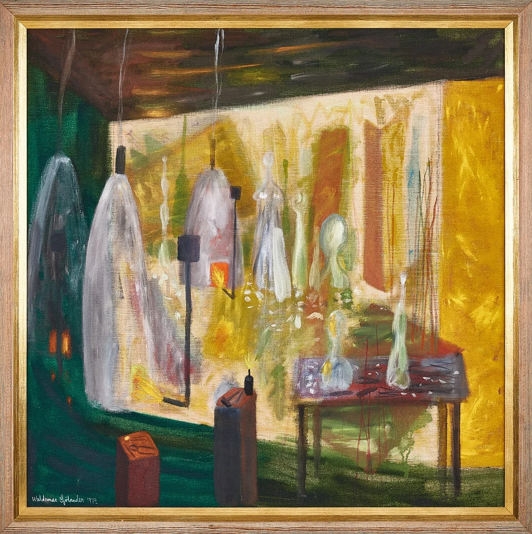 WALDEMAR SJÖLANDER. Interiör med lampor, olja på duk. — Paintings — Stockholms Auktionsverk Magasin 5