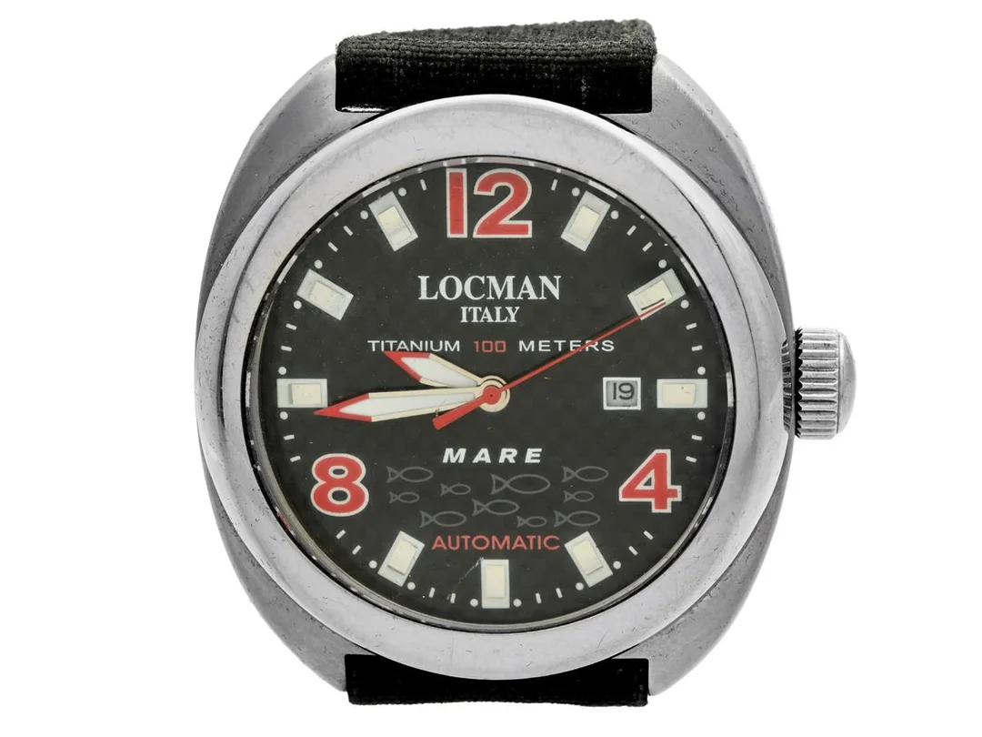 LOCMAN, Italy, Mare (Titanium 100 Meters), Cal Miyota, Serie nr. 1999, Ref nr. 131, herrur, 47 mm, titan, automatisk, mineralglas, datum, corduraband, originalspänne, ca 2006, etui. — Klockor/Locman — Kaplans