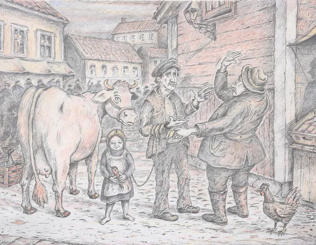MICHAEL HASKETT. Färglitografi, "Höstmarknad", signerad, daterad 90.