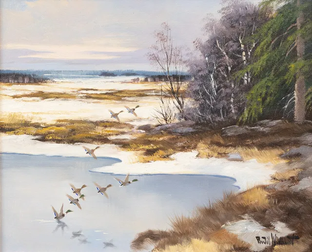 BERTIL WIDBRANT (1914-1988). Andflykt, olja på duk, signerad.