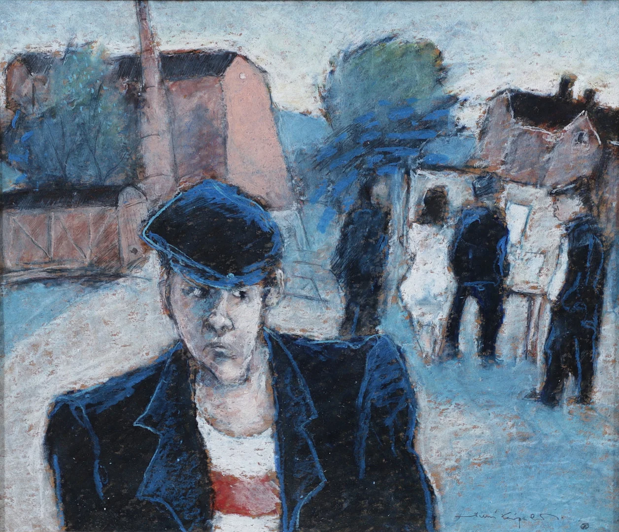 JUSSI TAIPALEENMÄKI. "Lappen på porten", olja på pannå, signerad och daterad a tergo 1986. — Paintings — Växjö Auktionskammare