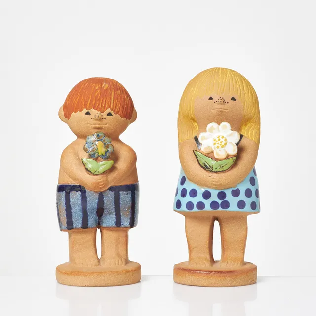 LISA LARSON. Figuriner, 2 st, "Adam 2" och Eva 2", delvis glaserat stengods, Gustavsberg, stämpelsignerade undertill.