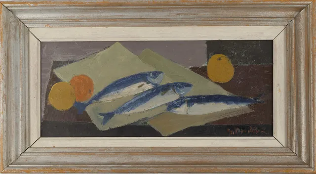 GUNNAR NORDSTRÖM. Stilleben med fiskar, olja på duk.