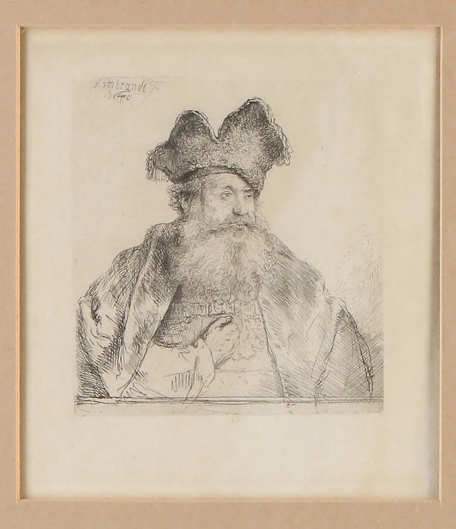 REMBRANDT VAN RIJN. EFTER. Etsning. "Old man with divided fur hat". Signerad i trycket. Senare avdrag. — Engravings & Prints — Skånes Auktionsverk