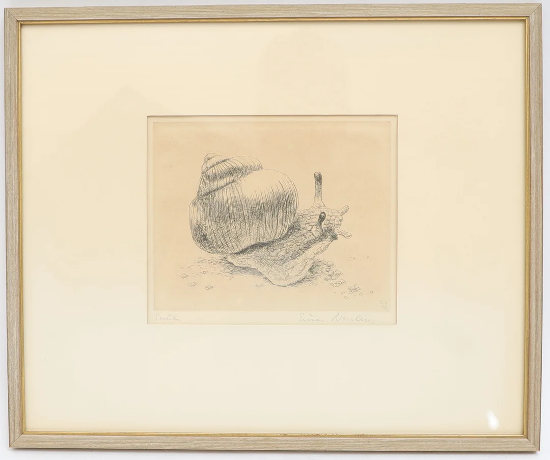 EINAR NORELIUS. "snäcka" etsning, signerad, i trycket daterad 48. — Engravings & Prints — Falun Auktionsbyrå