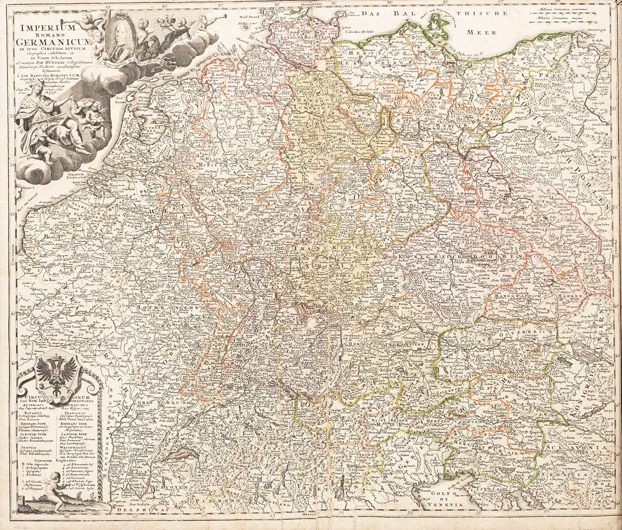 JOHANN BAPTIST HOMANN. Imperium Romano Germanico / Tysk-Romerska riket, graverad och delvis handkolorerad karta, 1700-tal. — Maps — Auktionshuset Kolonn