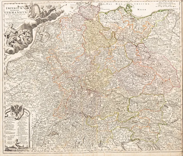 JOHANN BAPTIST HOMANN. Imperium Romano Germanico / Tysk-Romerska riket, graverad och delvis handkolorerad karta, 1700-tal.