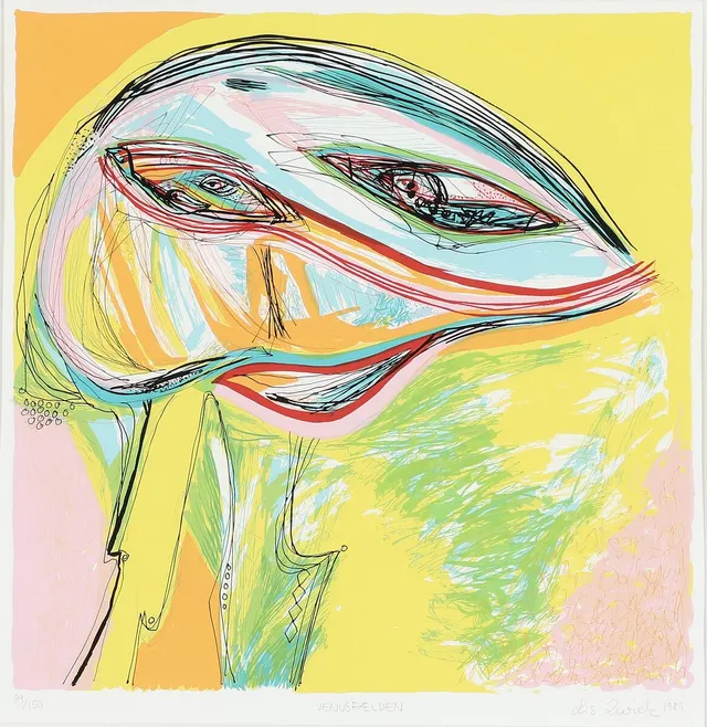 Lis Zwick: “Venusfælden”. Signed Lis Zwick 1989, 89/150. Lithograph in colours. Visible size 52×54 cm.