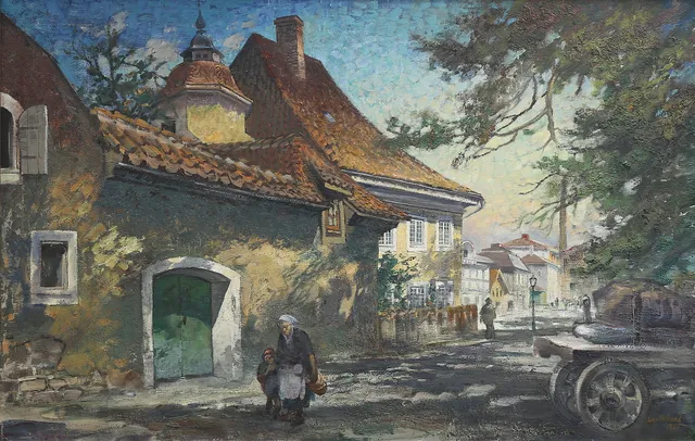 IVAN HOFLUND. Domprostgården och Lilla torg, Kalmar. Olja på duk, signerad och daterad 1929.