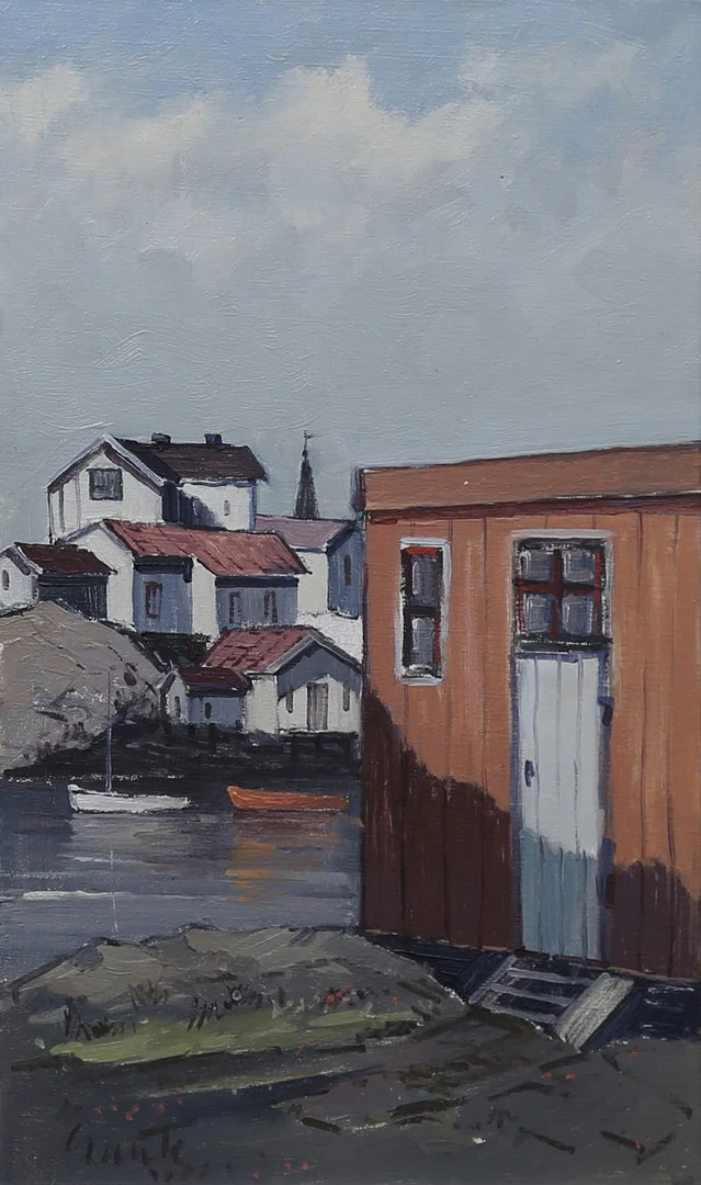 TAGE GAVIK. "Klädesholmen". Olja på duk. Signerad. — Paintings — Gomér & Andersson Linköping