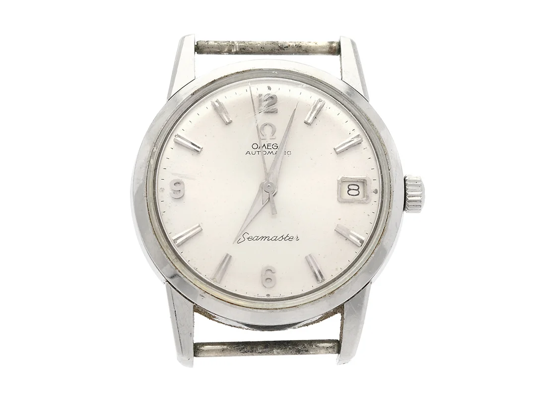 OMEGA, Seamaster, Cal 562, Serie nr. 18608865, Ref nr. CK 14760, Boett nr. 14760, herrur, 33,5 mm, stål, automatisk, plexiglas, datum, skadad urtavla, defekt (rostskadad), ca 1961. — Klockor/Omega — Kaplans