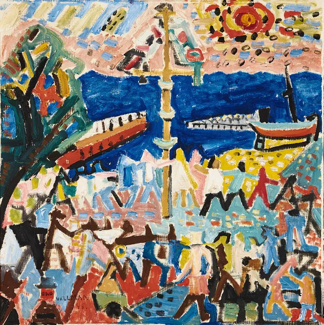 UNO VALLMAN (Sverige, 1913-2004), "Midsommarnattsdröm, Kivik", signerad och daterad -45, olja på duk.