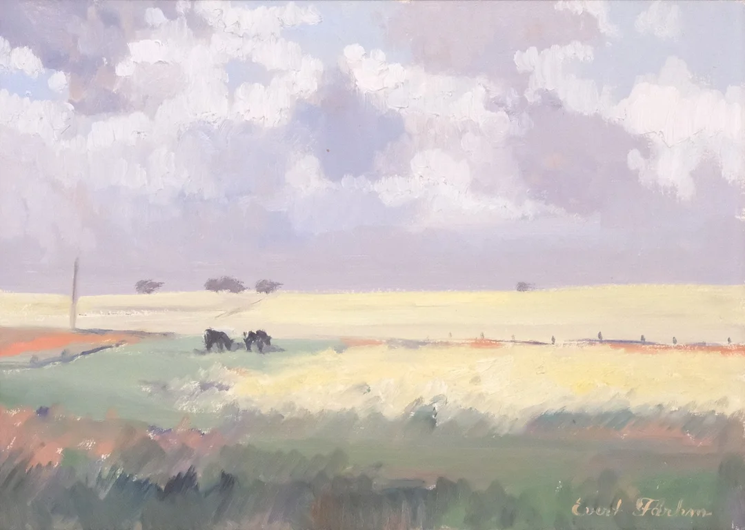 EVERT FÄRHM. OLJA PÅ PANNÅ. "RAPSFÄLT". — Paintings — Björnssons Auktionskammare