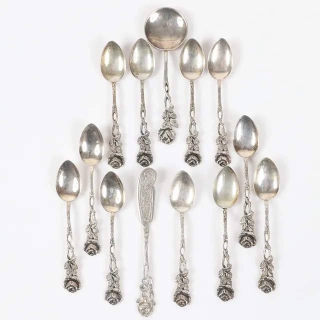 KAFFESKEDAR M. M., 12 delar, "Rosen", silver.