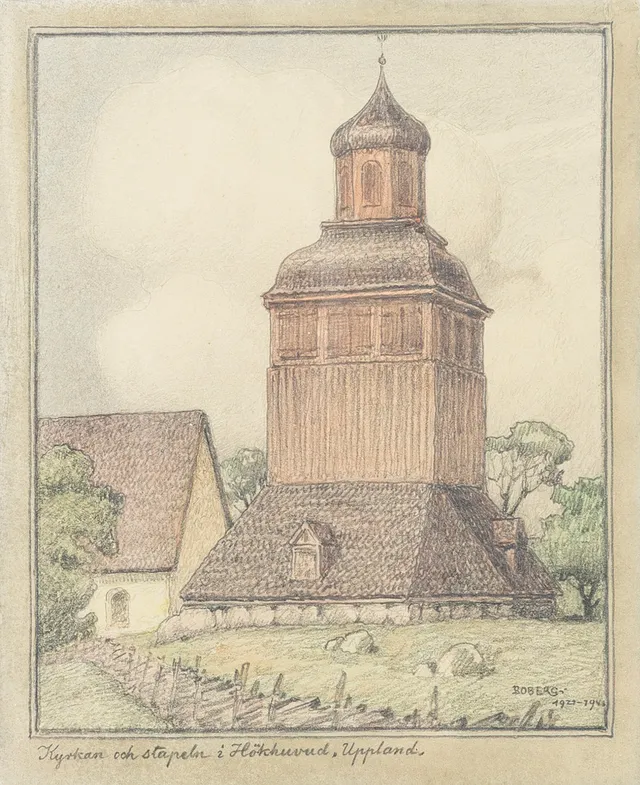 FERDINAND BOBERG. "Kyrkan och stapeln i Hökhuvud", Uppsala stift, Uppland, blandteknik, signerad, daterad.