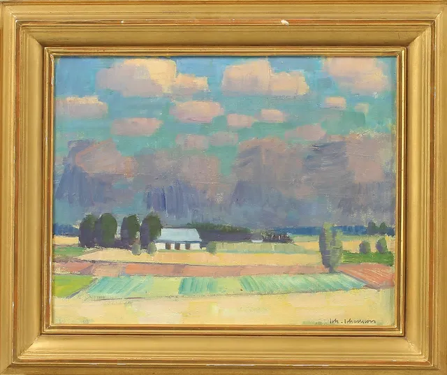 JOHAN JOHANSON. Landskap med hus, olja på duk, sign.