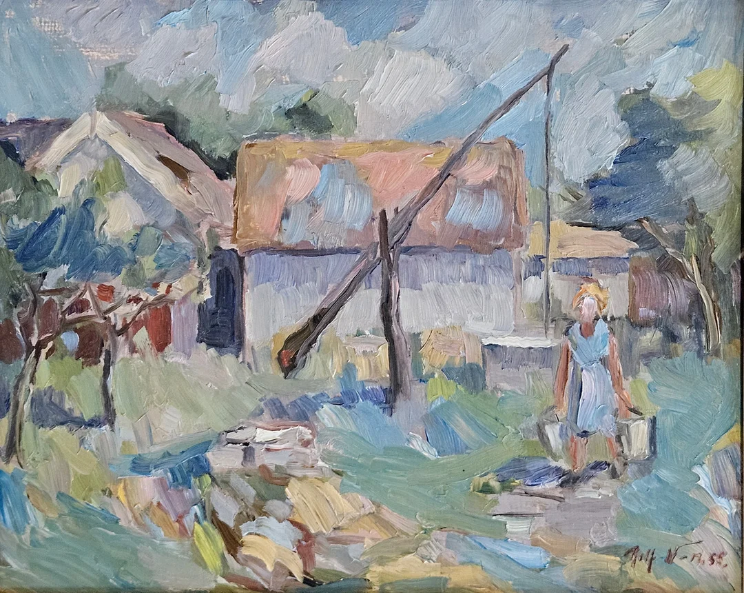ROLF NORRMAN. Brunn och kvinna. Olja på pannå, signerad och daterad 55. — Paintings — Auktionshuset Thörner & Ek
