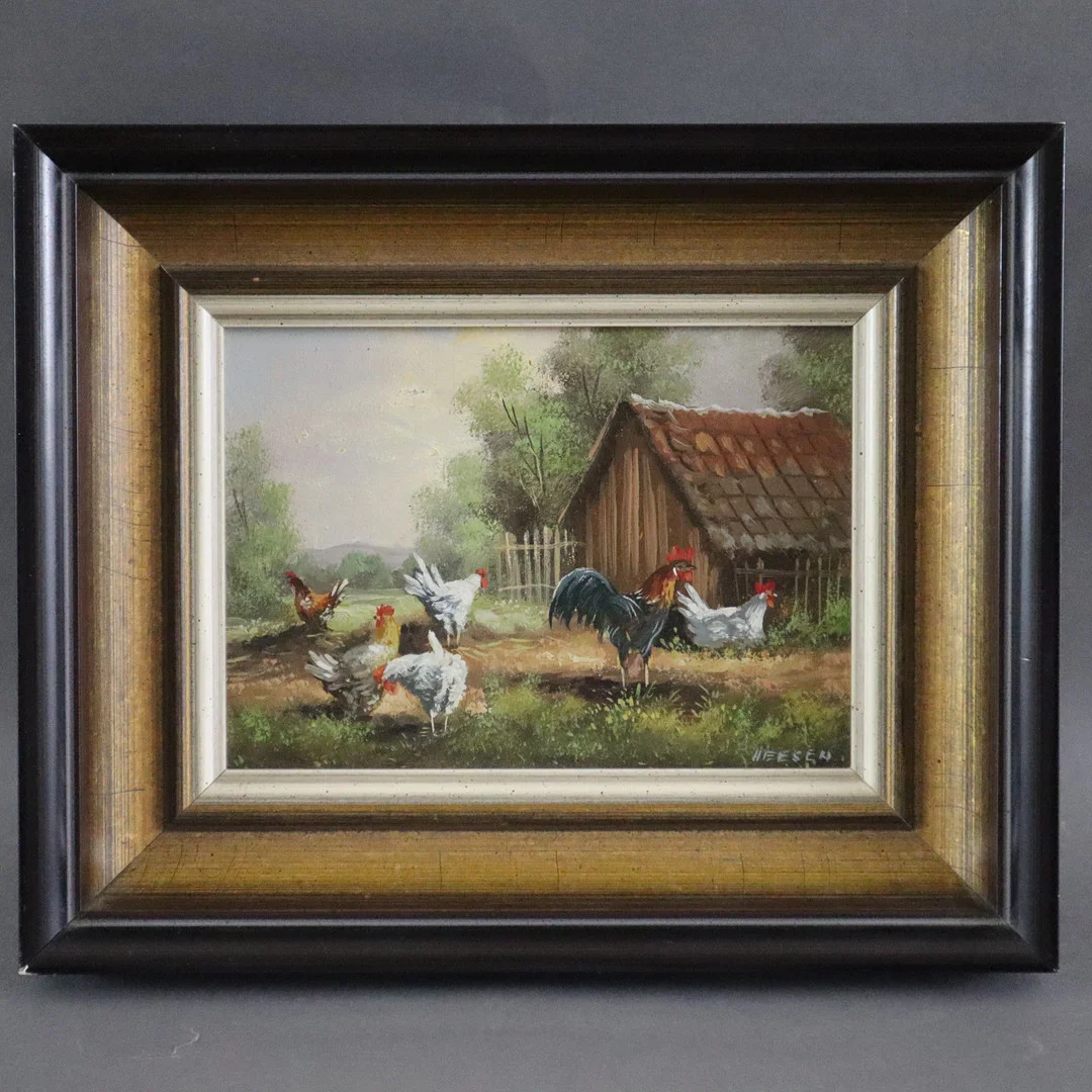 - HEESEN, PETER. (20.Jh.) - Hühnerhof, Öl auf Platte. — Paintings — Auktionshaus Blank