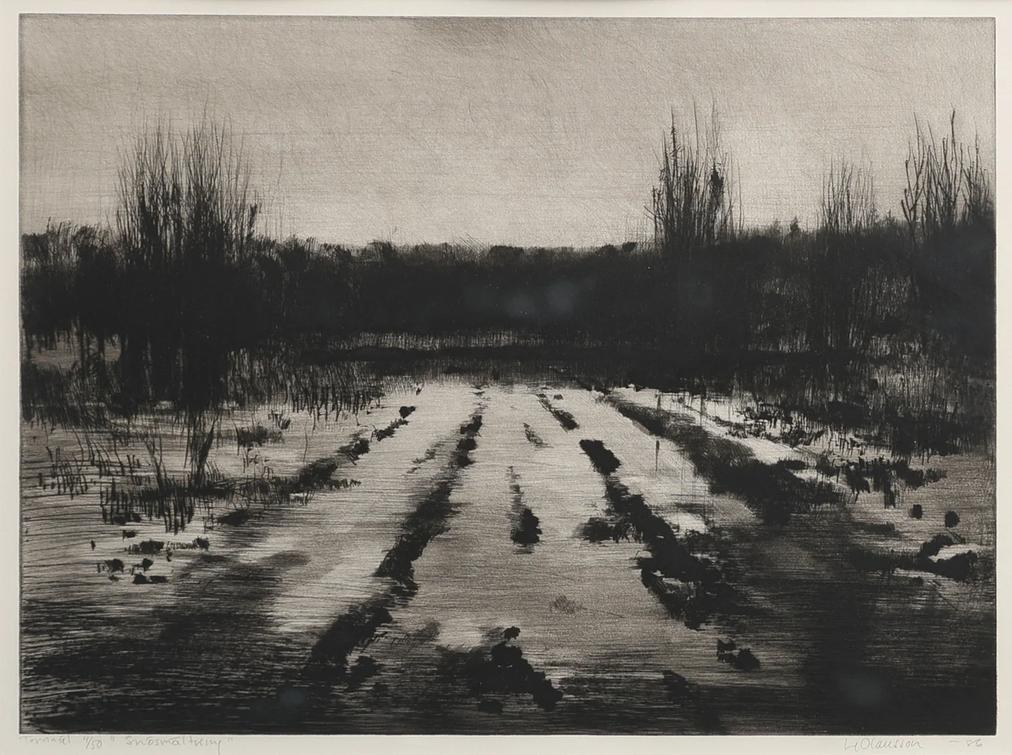 LEIF OLAUSSON. TORRNÅLSGRAVYR, "SNÖSMÄLTNING", SIGNERAD NUMRERAD 4/50 SAMT DATERAD 1986. — Engravings & Prints — Crafoord Auktioner Lund