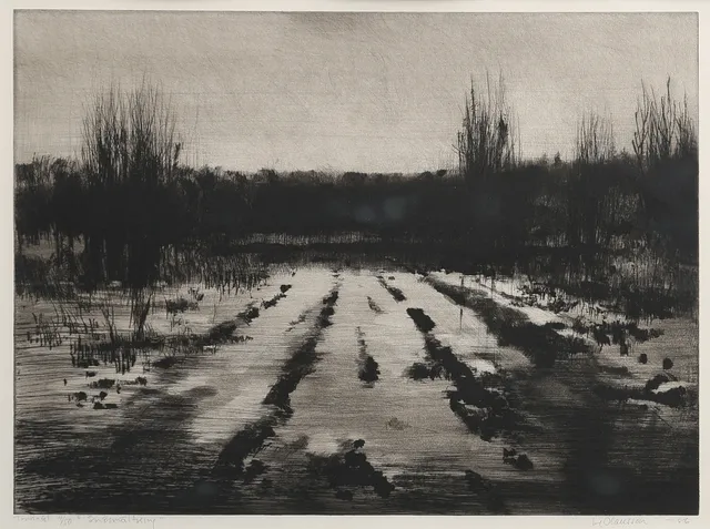 LEIF OLAUSSON. TORRNÅLSGRAVYR, "SNÖSMÄLTNING", SIGNERAD NUMRERAD 4/50 SAMT DATERAD 1986.