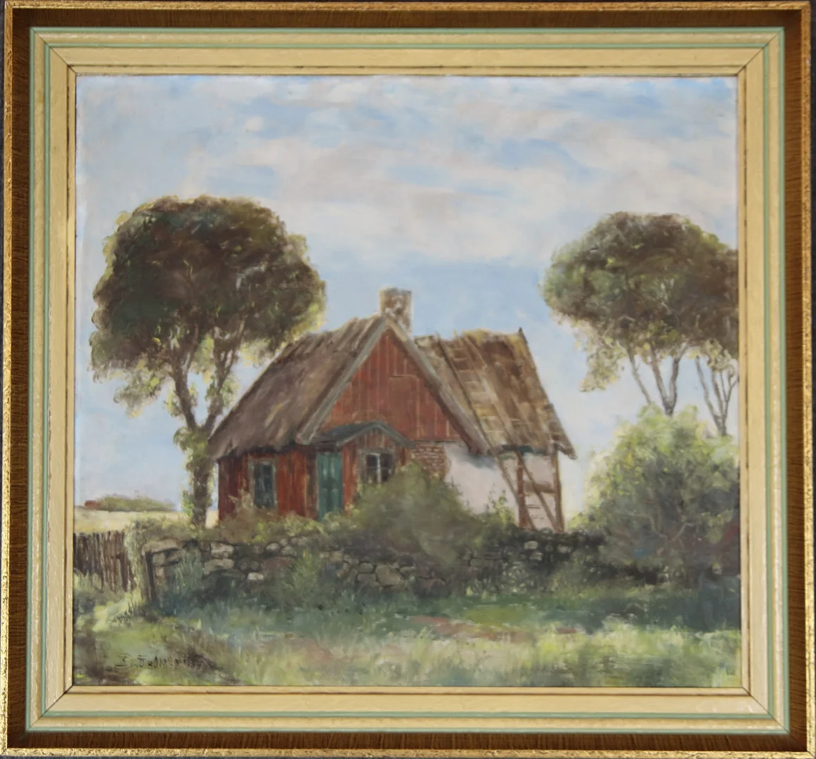 BROR TELLSTRÖM. Olja på duk, stuga Kullahalvön, signerad. — Paintings — Höganäs Auktionsverk