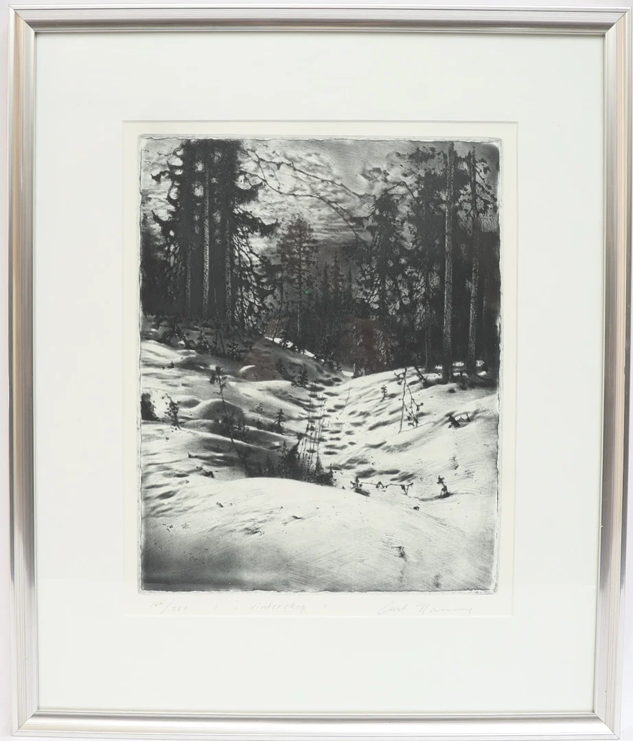 CURT HAMNE. "Vinterskog", etsning, signerad och numrerad. — Engravings & Prints — Falun Auktionsbyrå