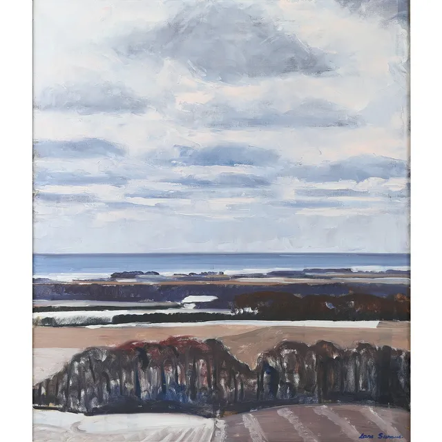LARS SWANE (1913-2002). Vinterlandskab med marker og kyst, olie på lærred.