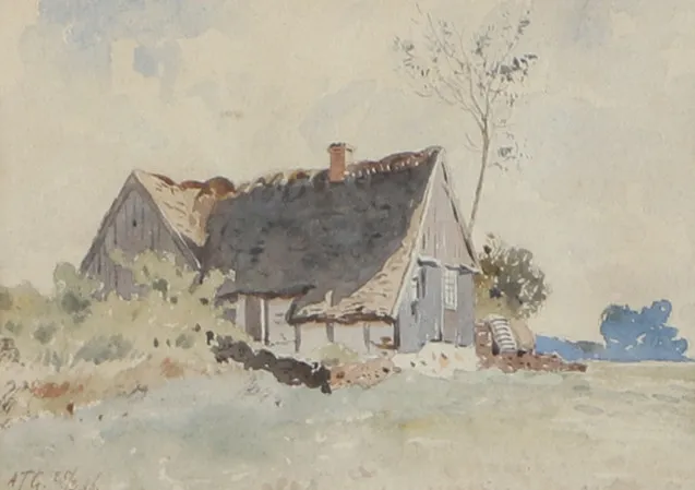 ALBERT THEODOR GELLERSTEDT. Landskap med hus, akvarell, signerad A.T.G. 1885.