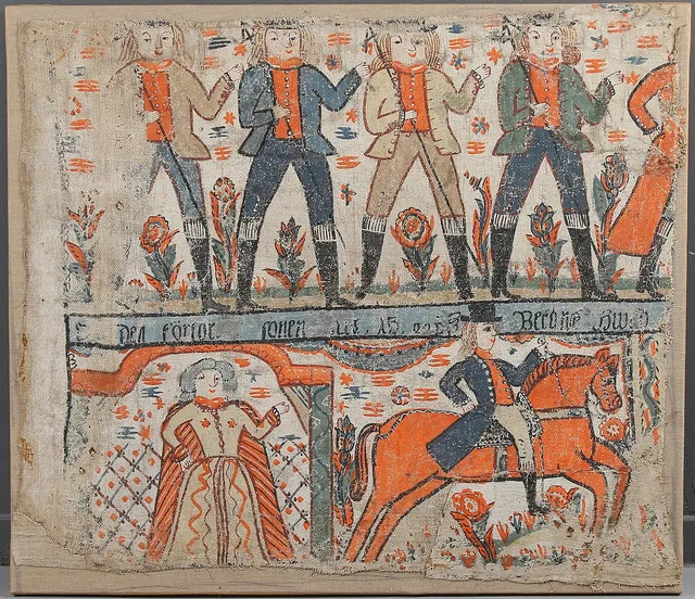 OIDENTIFERAD KONSTNÄR. Väggmålning, sannolikt Dalmålning på väv, 17/1800-tal.